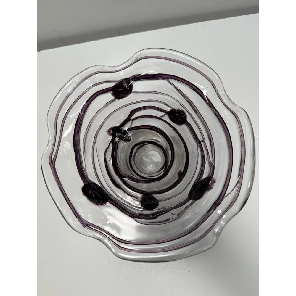 Vintage Art Glass Pedestal Bowl Purple Swirls Marked 